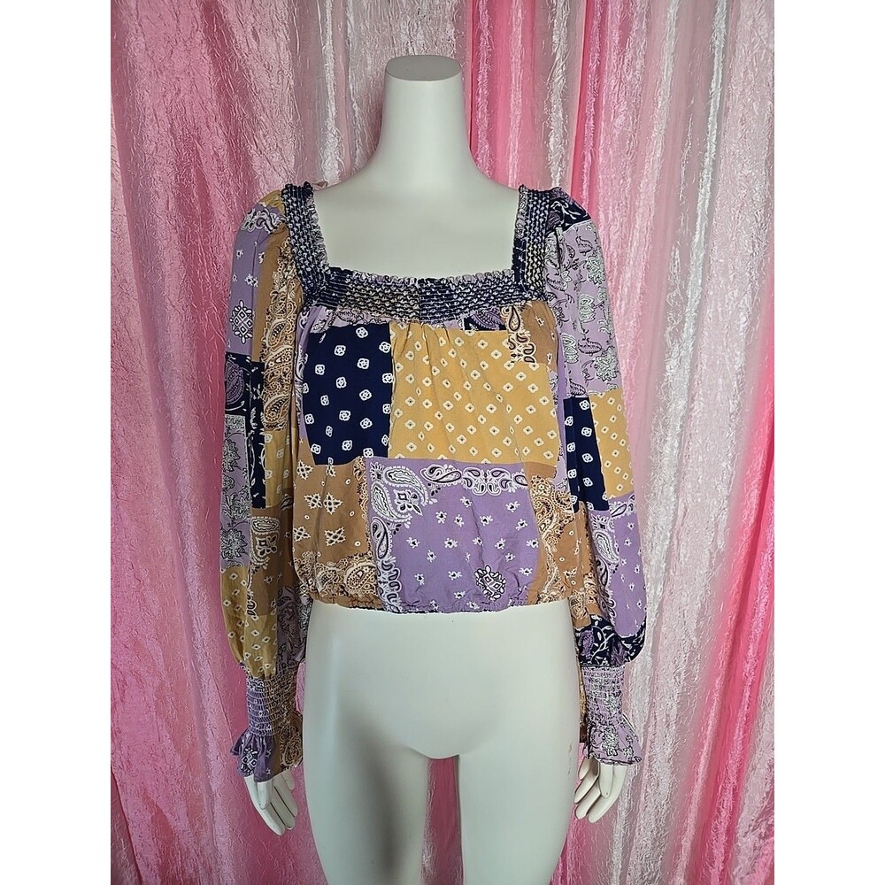 Wrangler Western Patchwork Bell Sleeves Boho Crop Top Size Medium - Picture 3 of 13